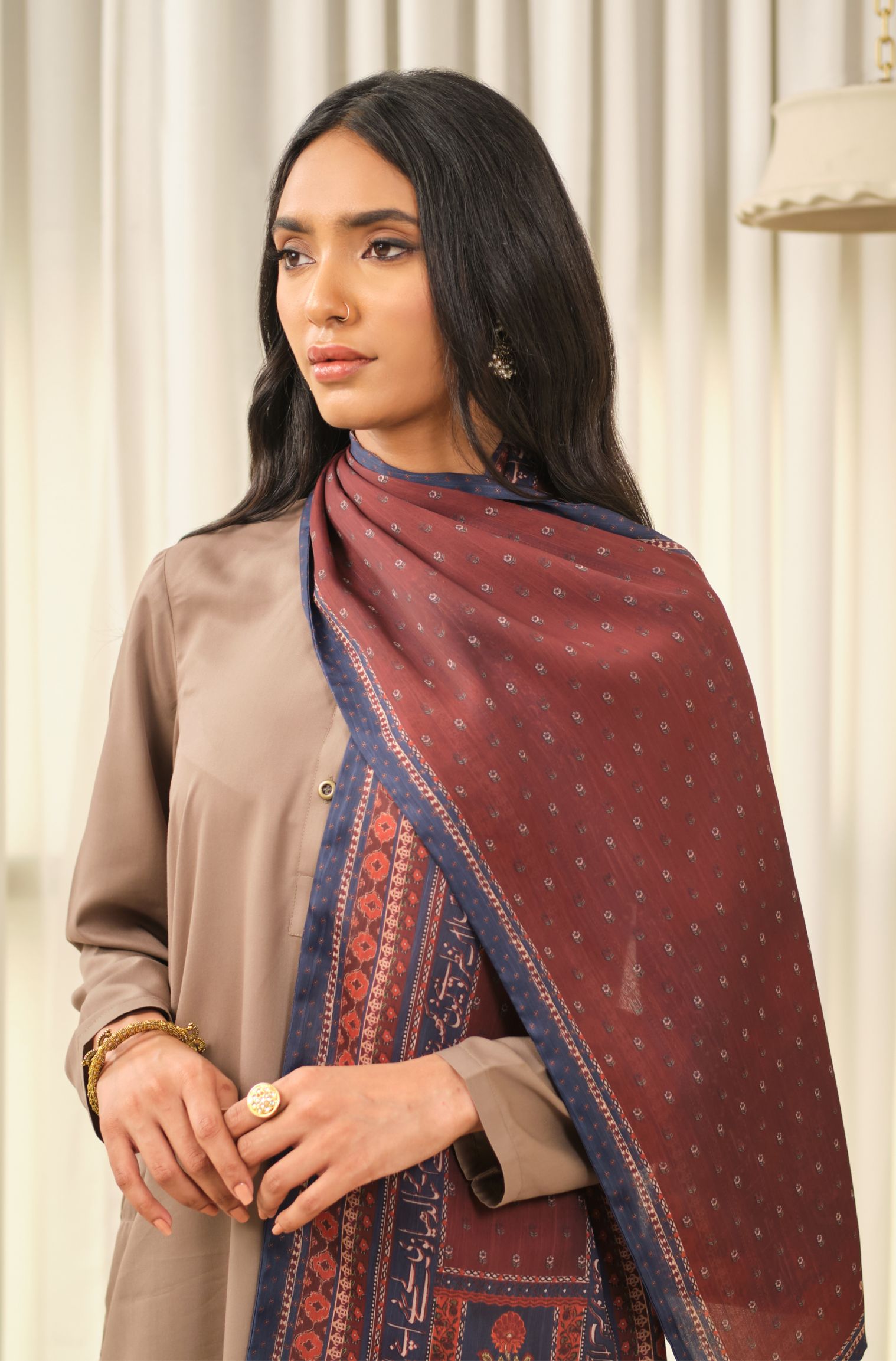 Manto Women's Maroon Double Sided Stole with Urdu Calligraphy