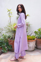 Manto Women's 2 Piece Soft Lavender Solid Kalidaar Co-ord with Paneled Shirt & Straight Pants