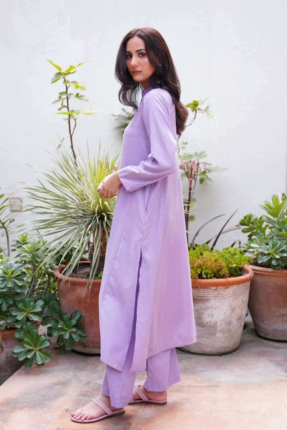 Manto Women's 2 Piece Soft Lavender Solid Kalidaar Co-ord with Paneled Shirt & Straight Pants