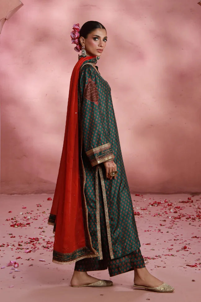 Manto Women's Ready to wear Deep Green Festive Wear 3 Piece Set with Urdu Calligraphy