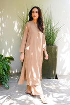 Manto Women's 2 Piece Sandy Beige Solid Kalidaar Co-ord with Paneled Shirt & Straight Pants