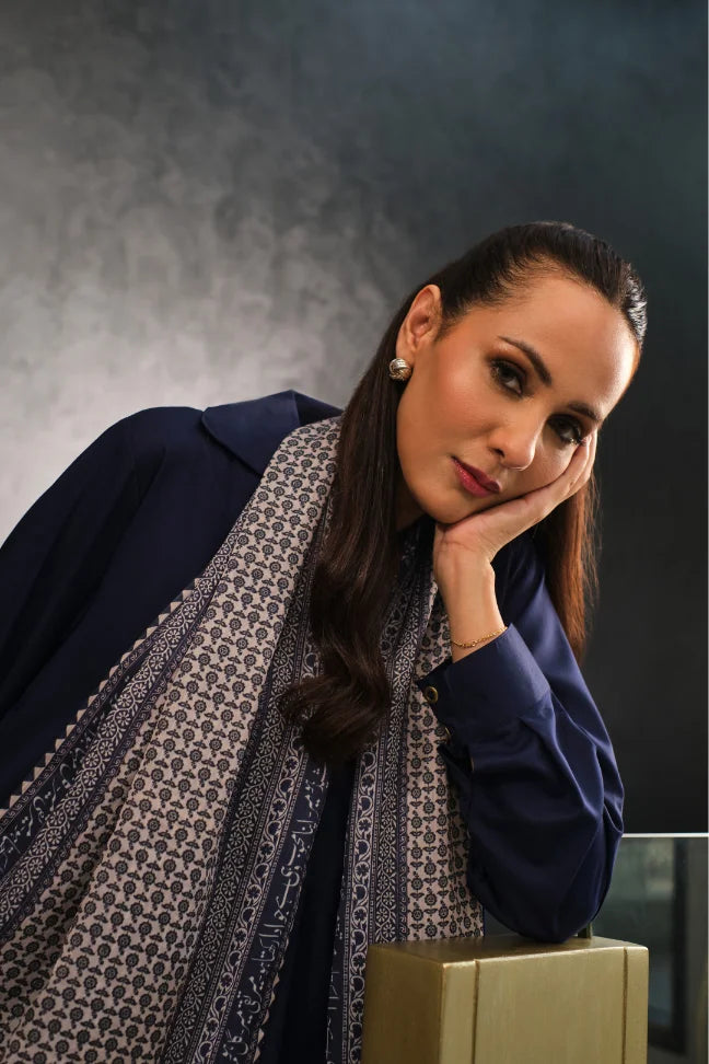 Manto Women's Silk Double Sided Blue Saya Stole with Urdu Calligraphy