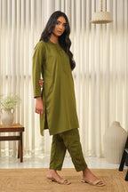 Manto Women's Olive Green 2-Piece Lucknow Style Collar Solid Co-Ord Set