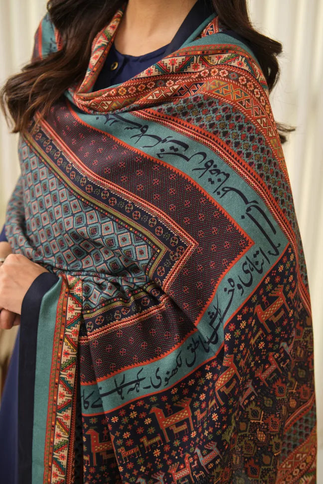 Manto Women's Accessories Blue Odhni with Urdu Calligraphy