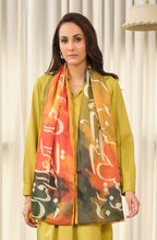 Manto Women's Orange Crinkle Silk Scarf with Urdu Calligraphy