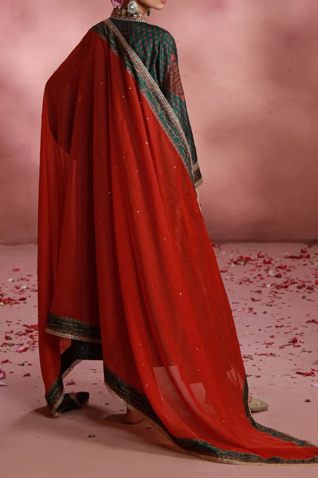 Manto Women's Ready to wear Deep Green Festive Wear 3 Piece Set with Urdu Calligraphy