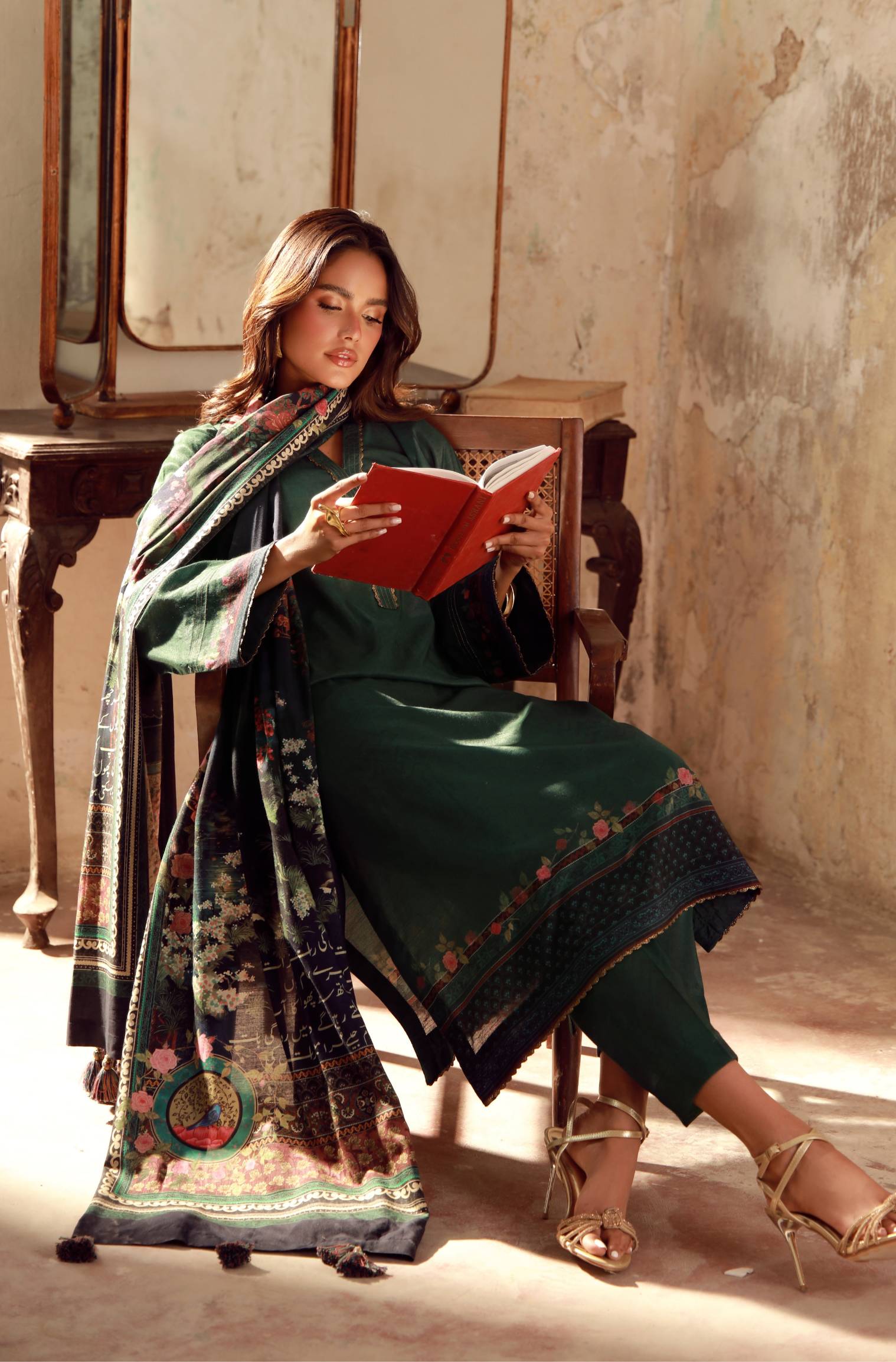 Manto Women's Ready to Wear 3 Piece Green & Black Co-Ord Set with Urdu Calligraphy