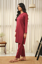 Manto Women's Ruby Red 2 Piece Solid Co-ord Set with Lucknow Style Collar