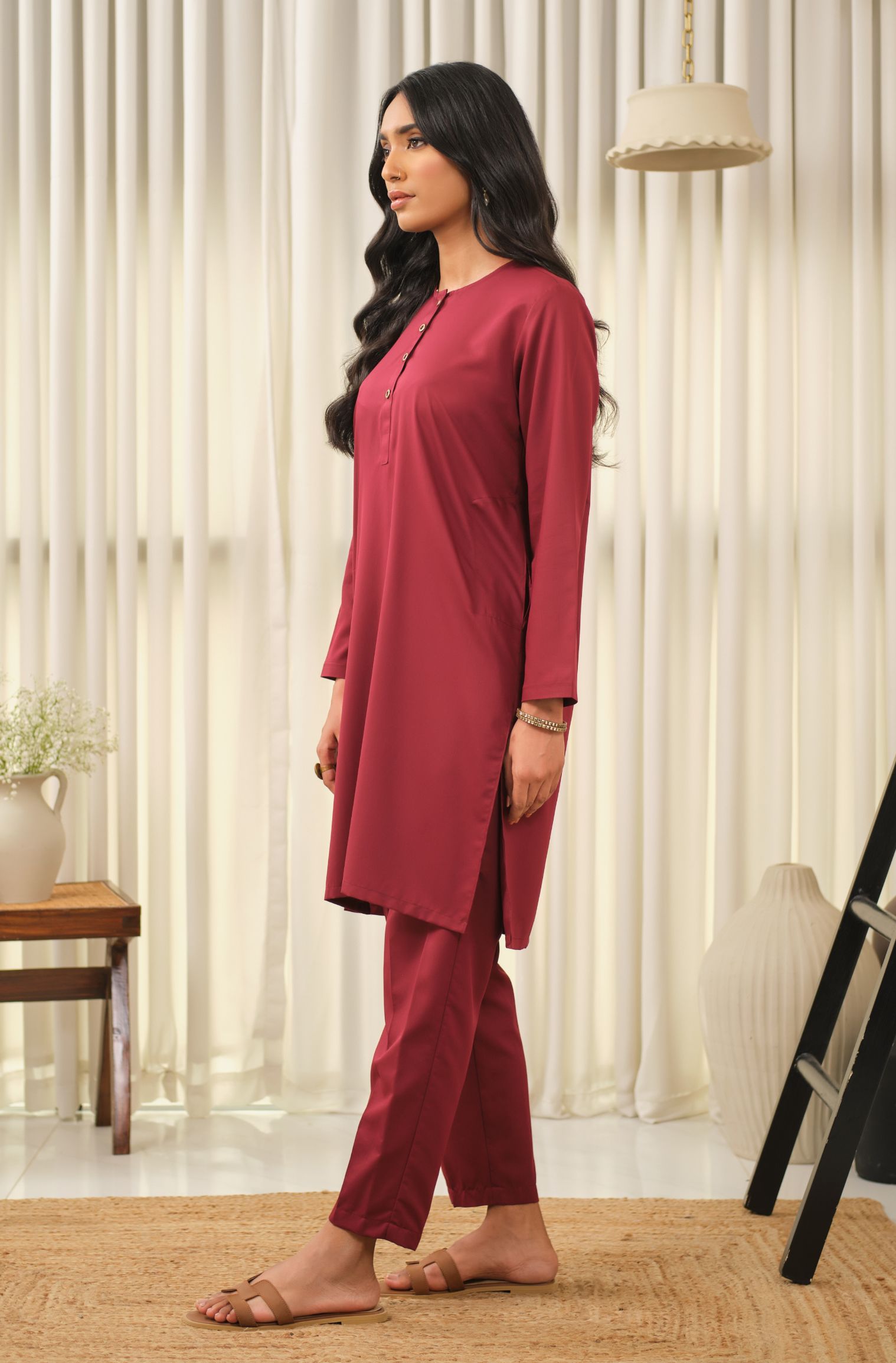 Manto Women's Ruby Red 2 Piece Solid Co-ord Set with Lucknow Style Collar
