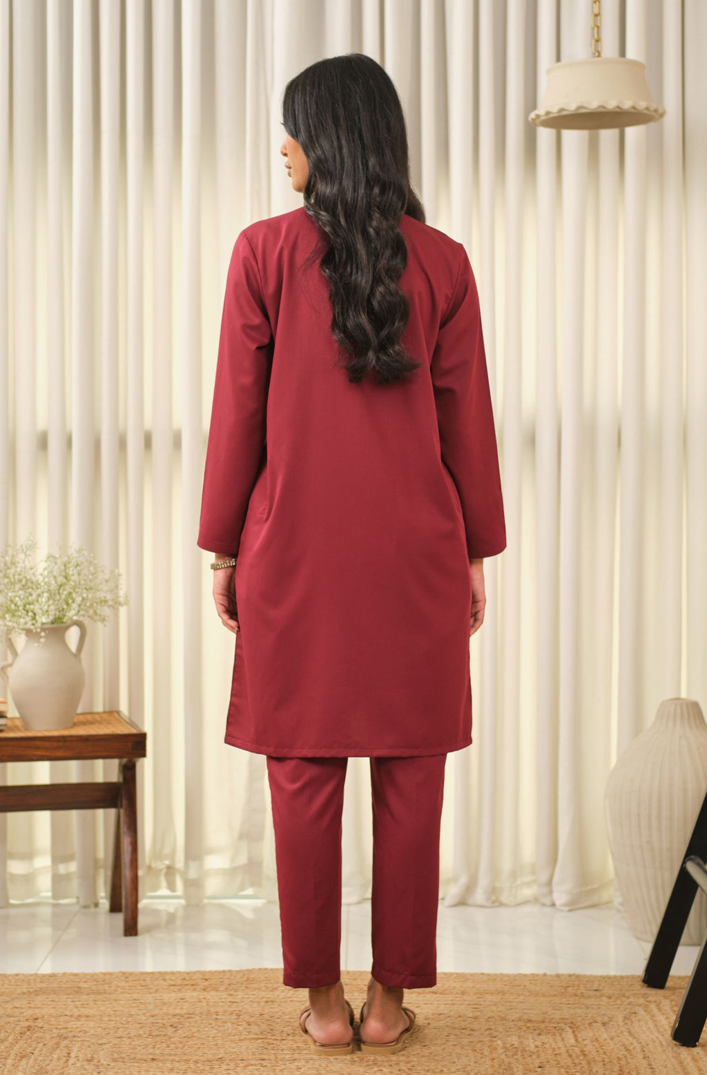 Manto Women's Ruby Red 2 Piece Solid Co-ord Set with Lucknow Style Collar