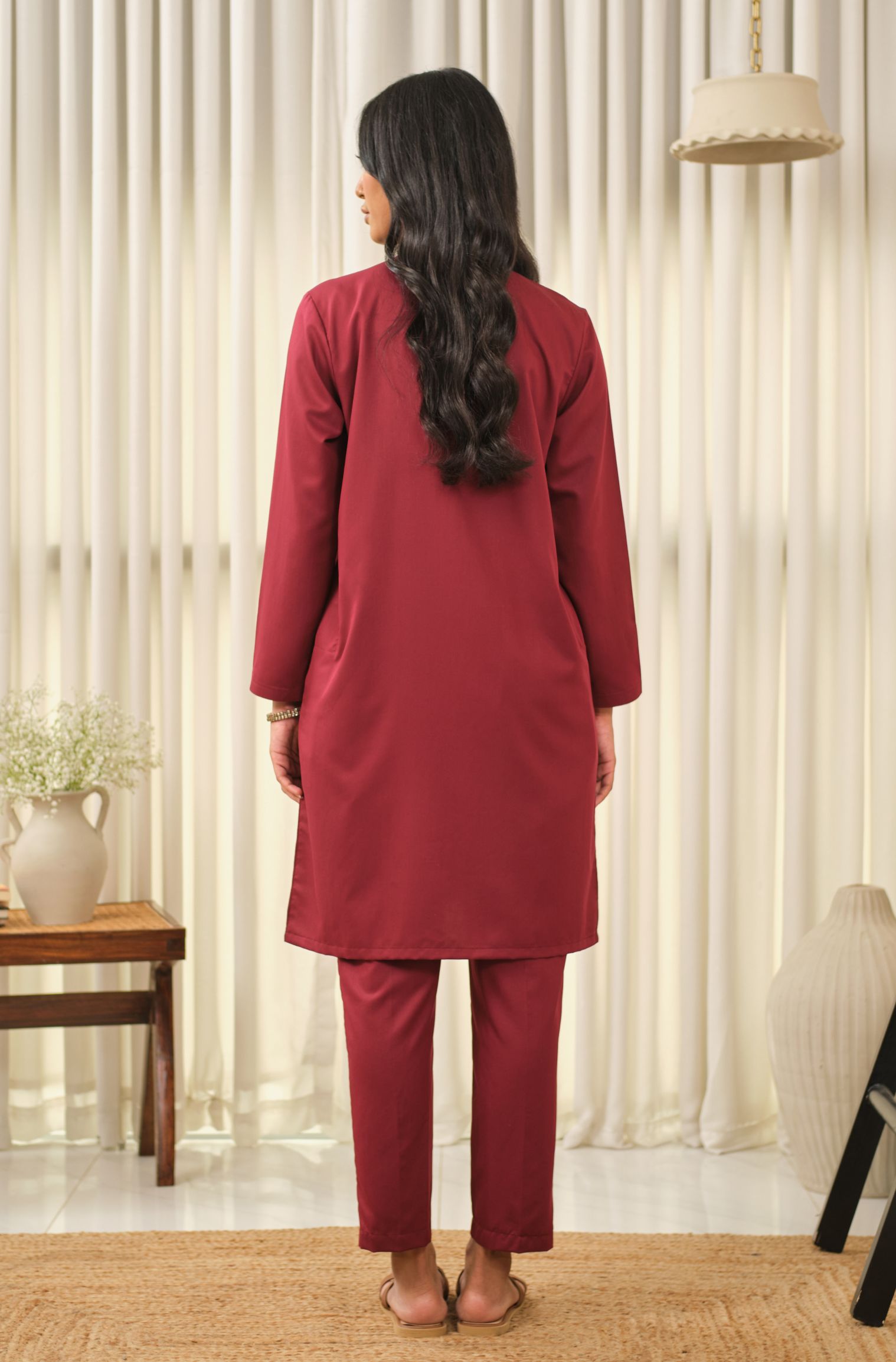 Manto Women's Ruby Red 2 Piece Solid Co-ord Set with Lucknow Style Collar