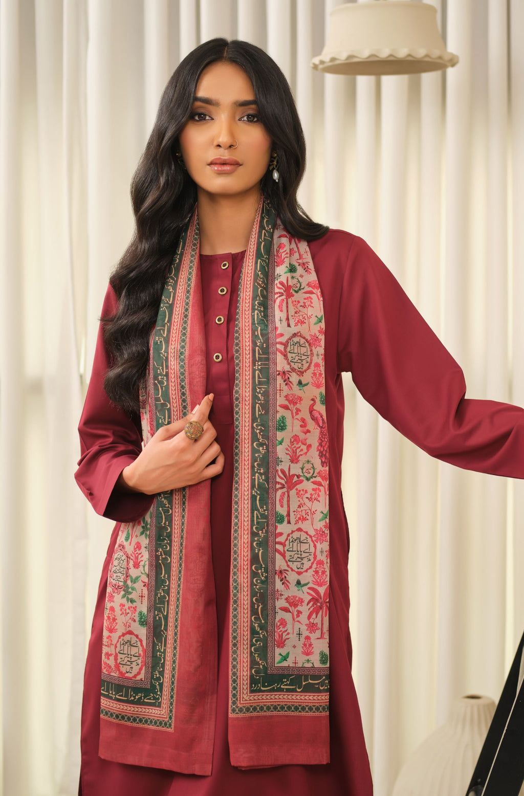 Manto Women's Red Hijab Friendly Printed Scarf with Urdu Calligraphy
