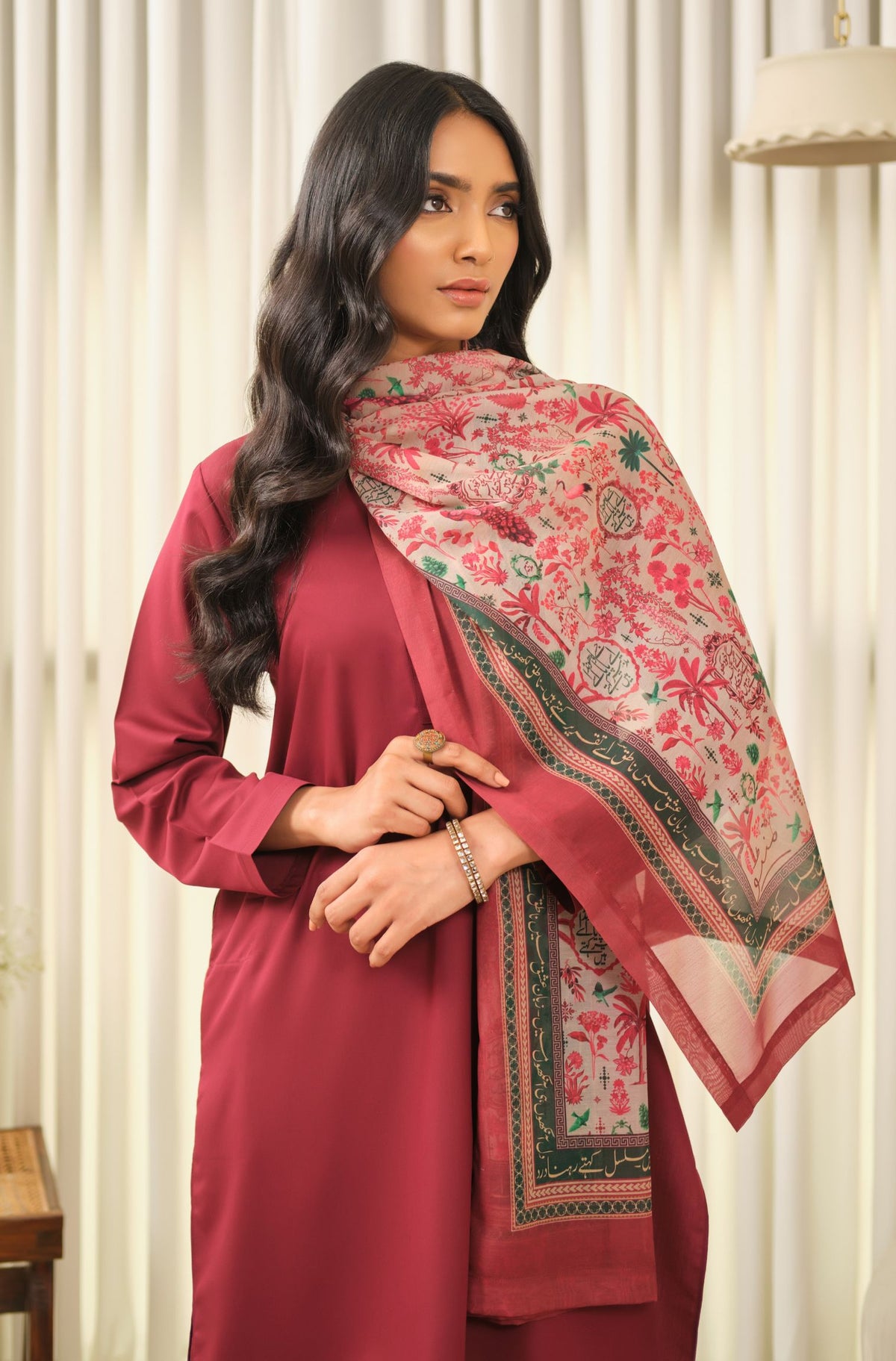 Manto Women's Red Hijab Friendly Printed Scarf with Urdu Calligraphy