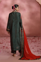 Manto Women's Ready to wear Deep Green Festive Wear 3 Piece Set with Urdu Calligraphy