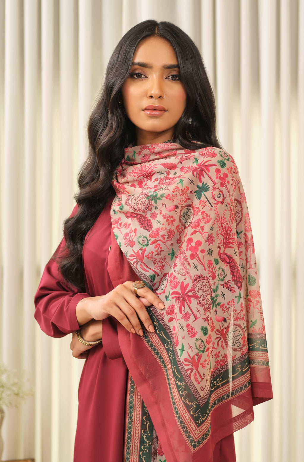 Manto Women's Red Hijab Friendly Printed Scarf with Urdu Calligraphy