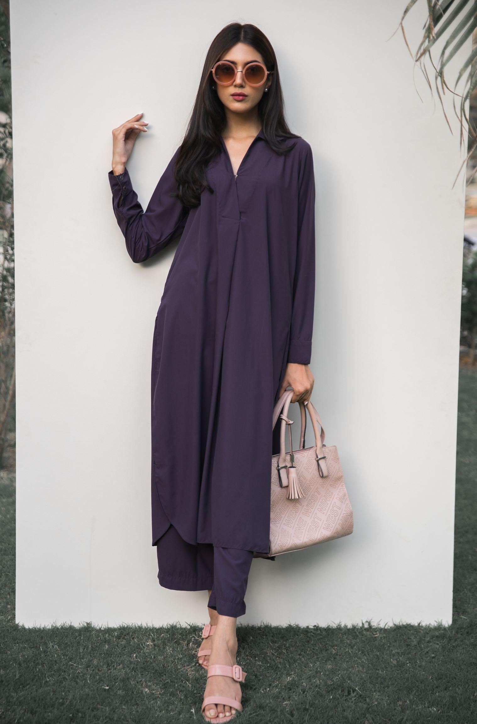 Shopmanto, wear manto, manto clothing brand, manto pakistan, ladies clothing brand, urdu calligraphy clothing, wearmanto women's collection wash n wear 2 piece solid deep purple colour kurta and pajama mira set, women 2 piece solid coord set