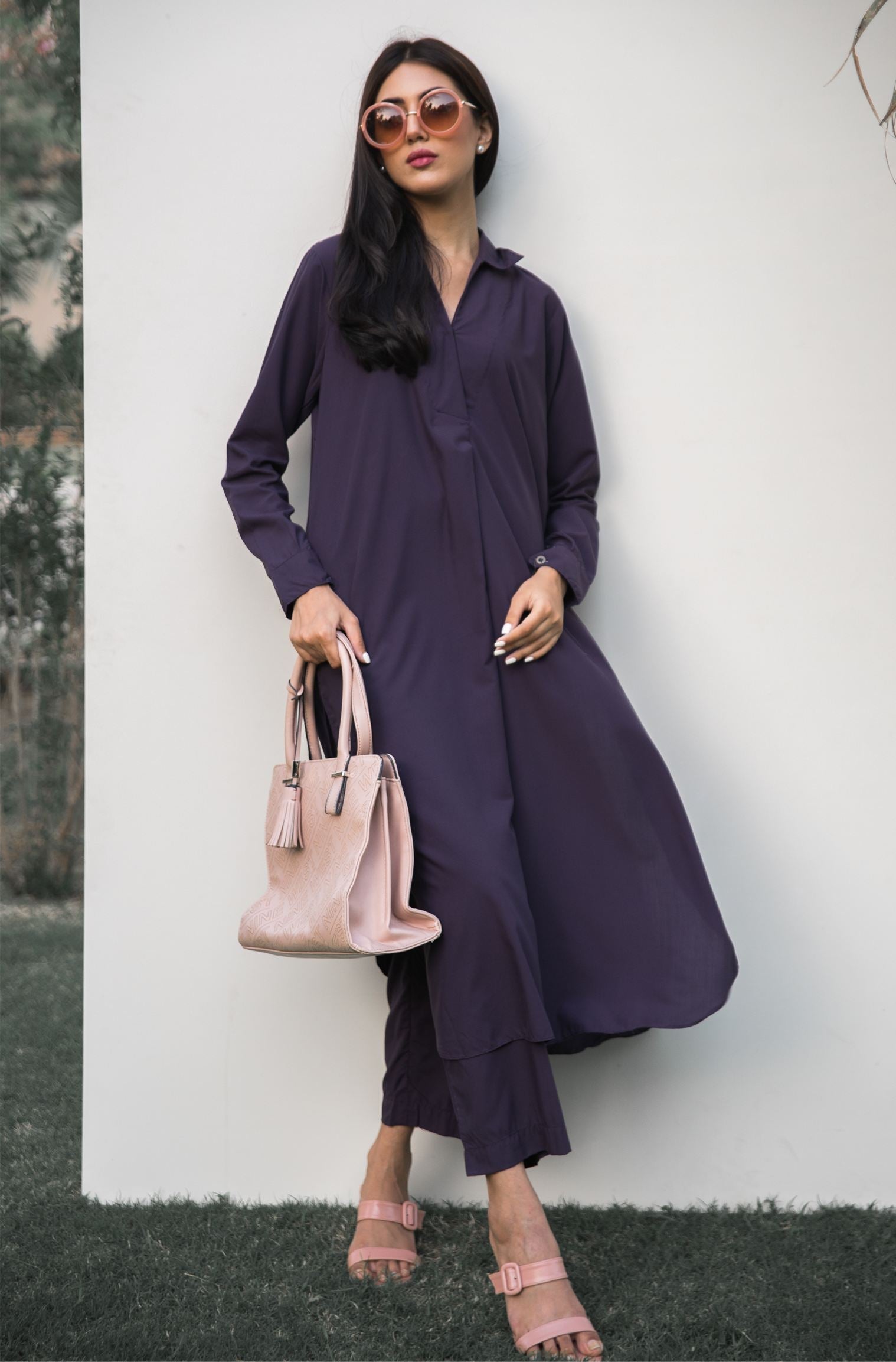 Shopmanto, wear manto, manto clothing brand, manto pakistan, ladies clothing brand, urdu calligraphy clothing, wearmanto women's collection wash n wear 2 piece solid deep purple colour kurta and pajama mira set, women 2 piece solid coord set