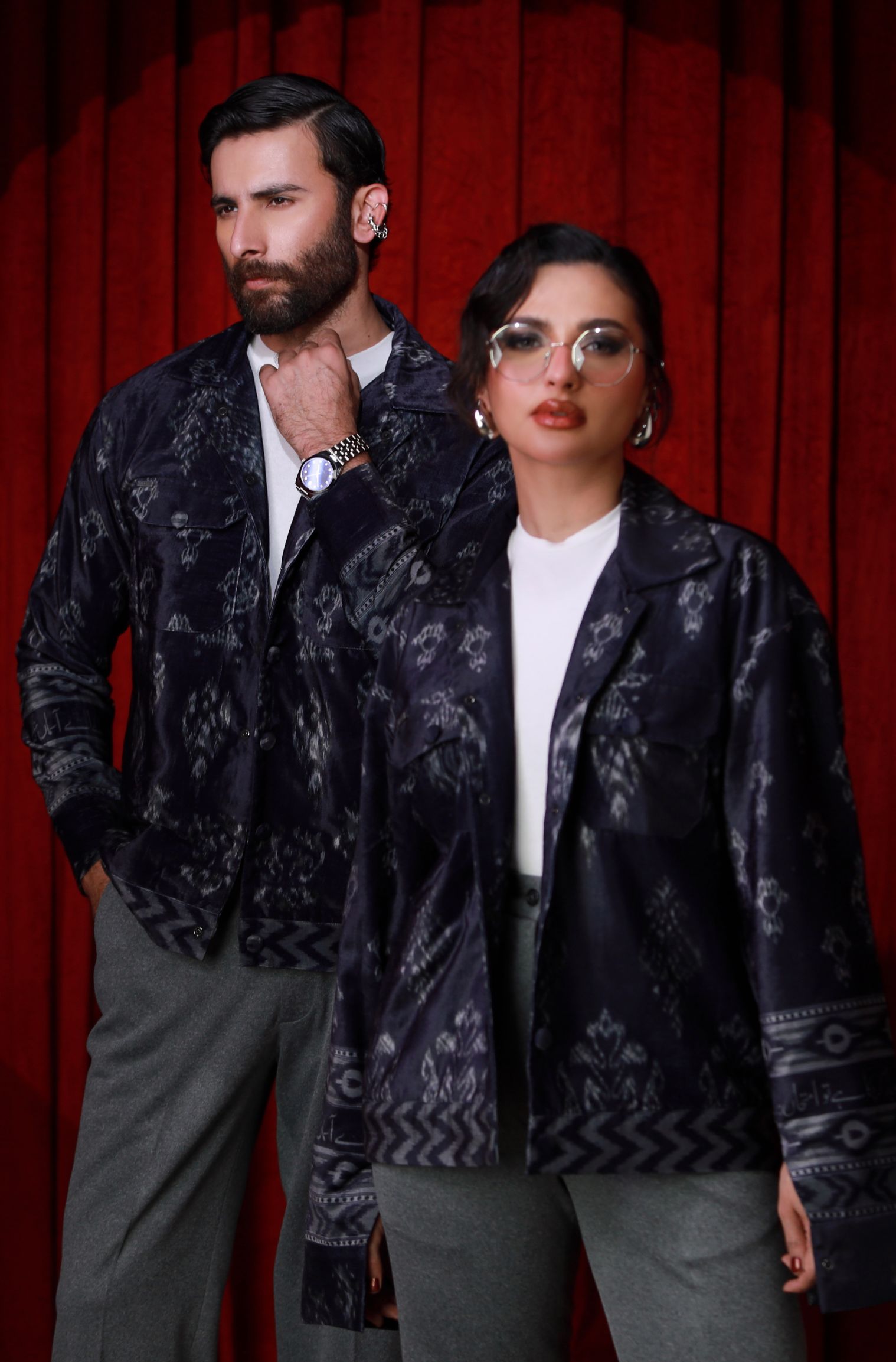 Manto's Unisex 1 Piece Ready to Wear Winter Outerwear Front Open Blue Velvet Jacket with Urdu Calligraphy