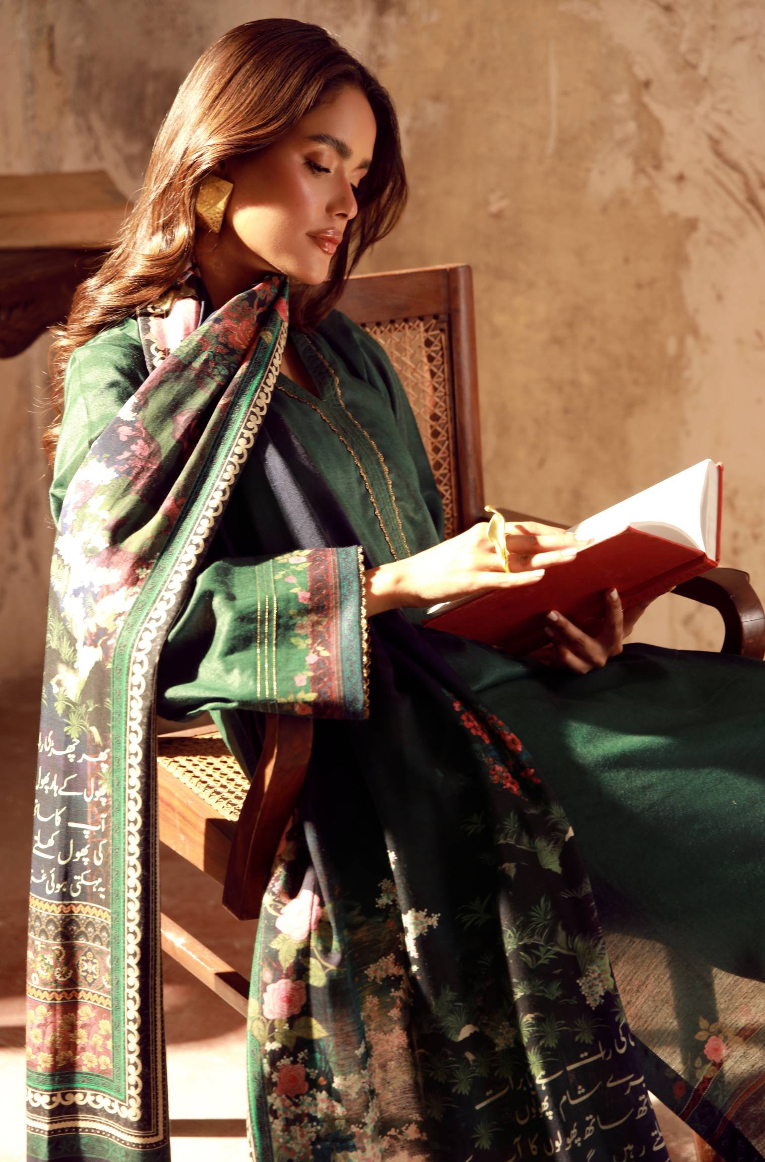 Manto Women's Ready to Wear 3 Piece Green & Black Co-Ord Set with Urdu Calligraphy