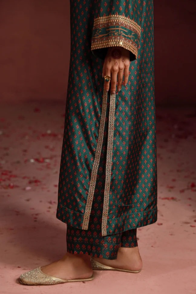 Manto Women's Ready to wear Deep Green Festive Wear 3 Piece Set with Urdu Calligraphy