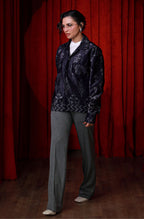 Manto's Unisex 1 Piece Ready to Wear Winter Outerwear Front Open Blue Velvet Jacket with Urdu Calligraphy