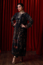 Manto Women's 1 Piece Ready to Wear Winter Outerwear Front Open Black Velvet Long Coat with Urdu Calligraphy