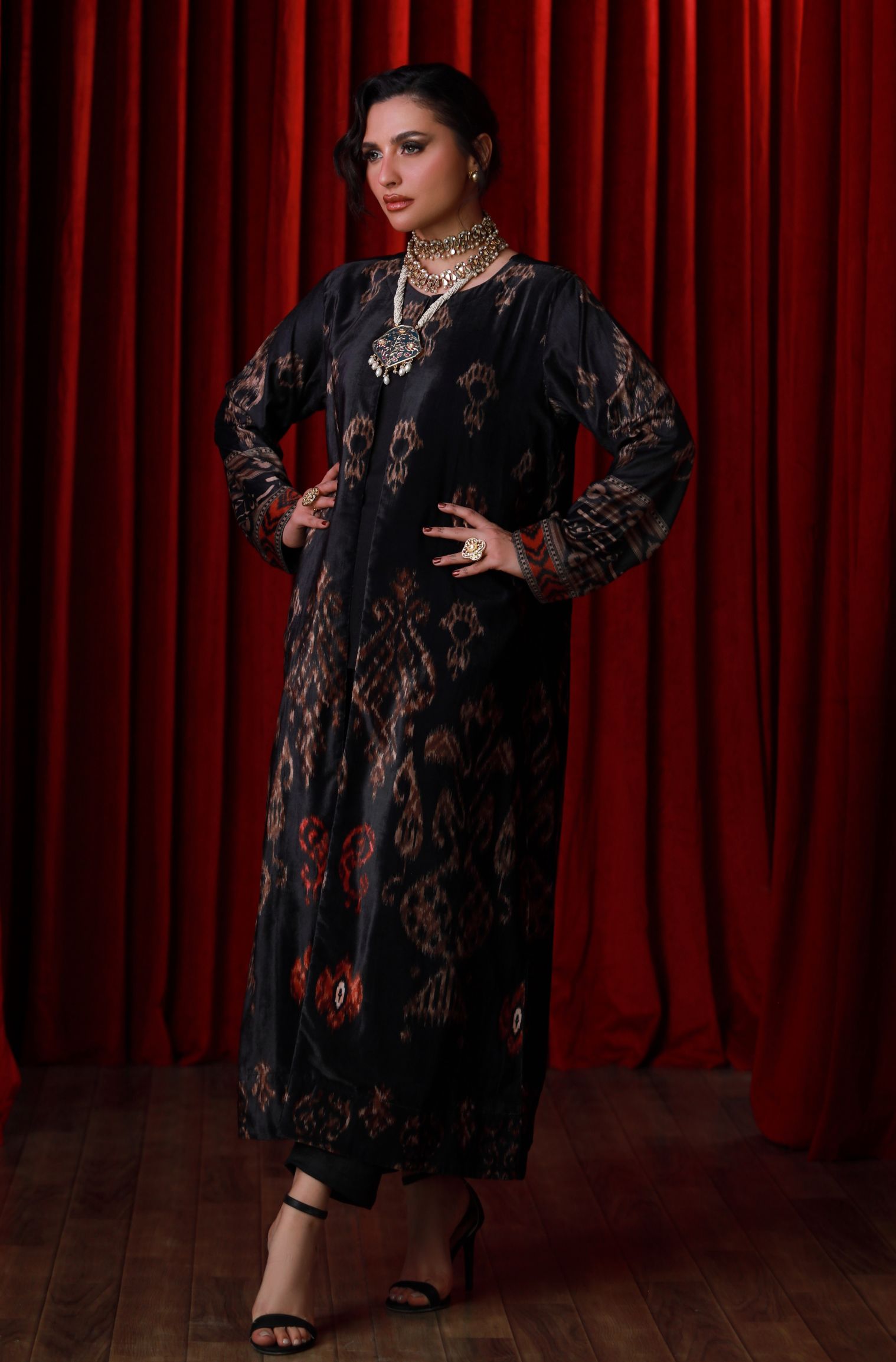 Manto Women's 1 Piece Ready to Wear Winter Outerwear Front Open Black Velvet Long Coat with Urdu Calligraphy