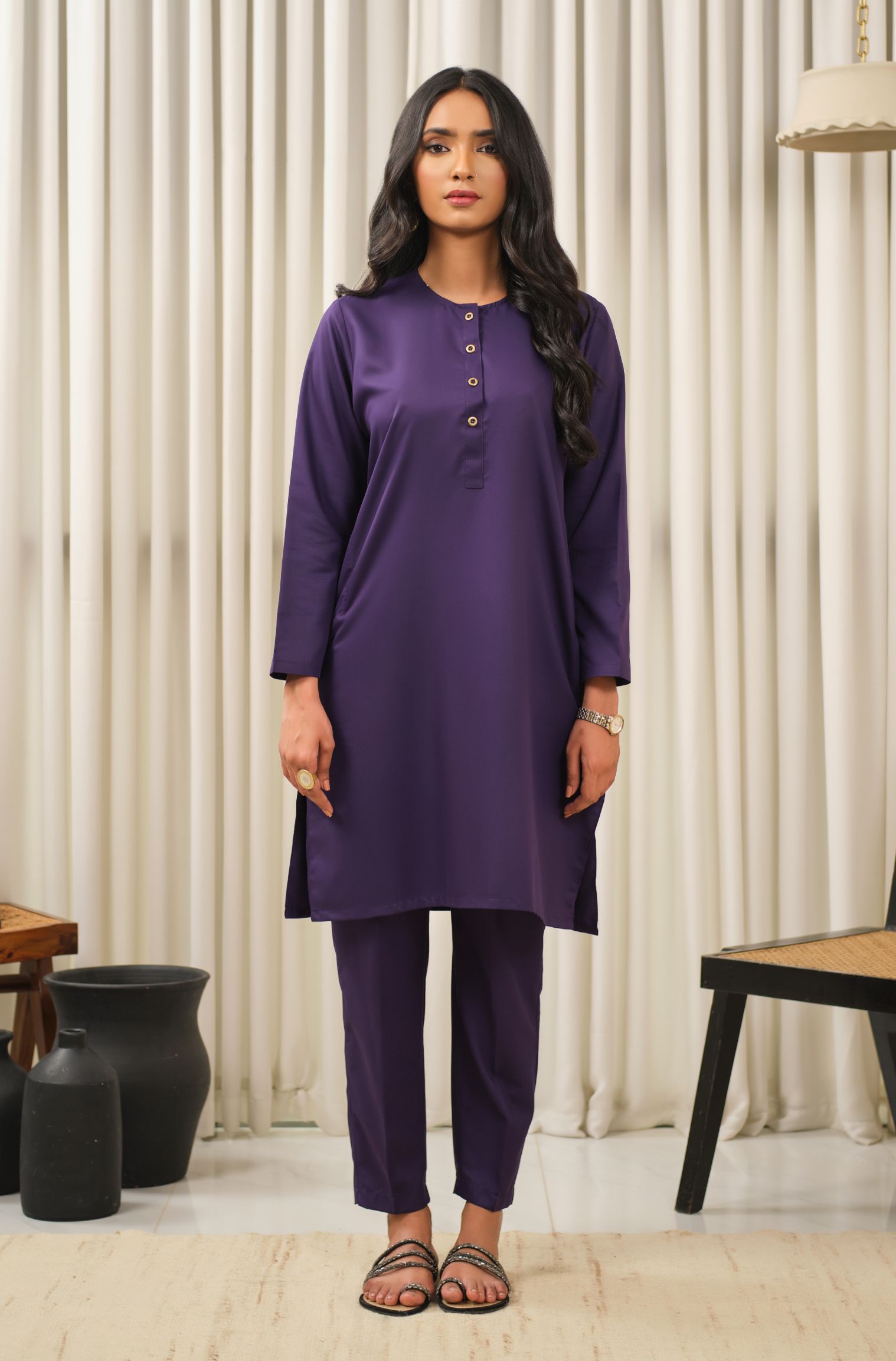 Manto Women's Deep Purple 2-Piece Lucknow Style Collar Solid Co-Ord Set