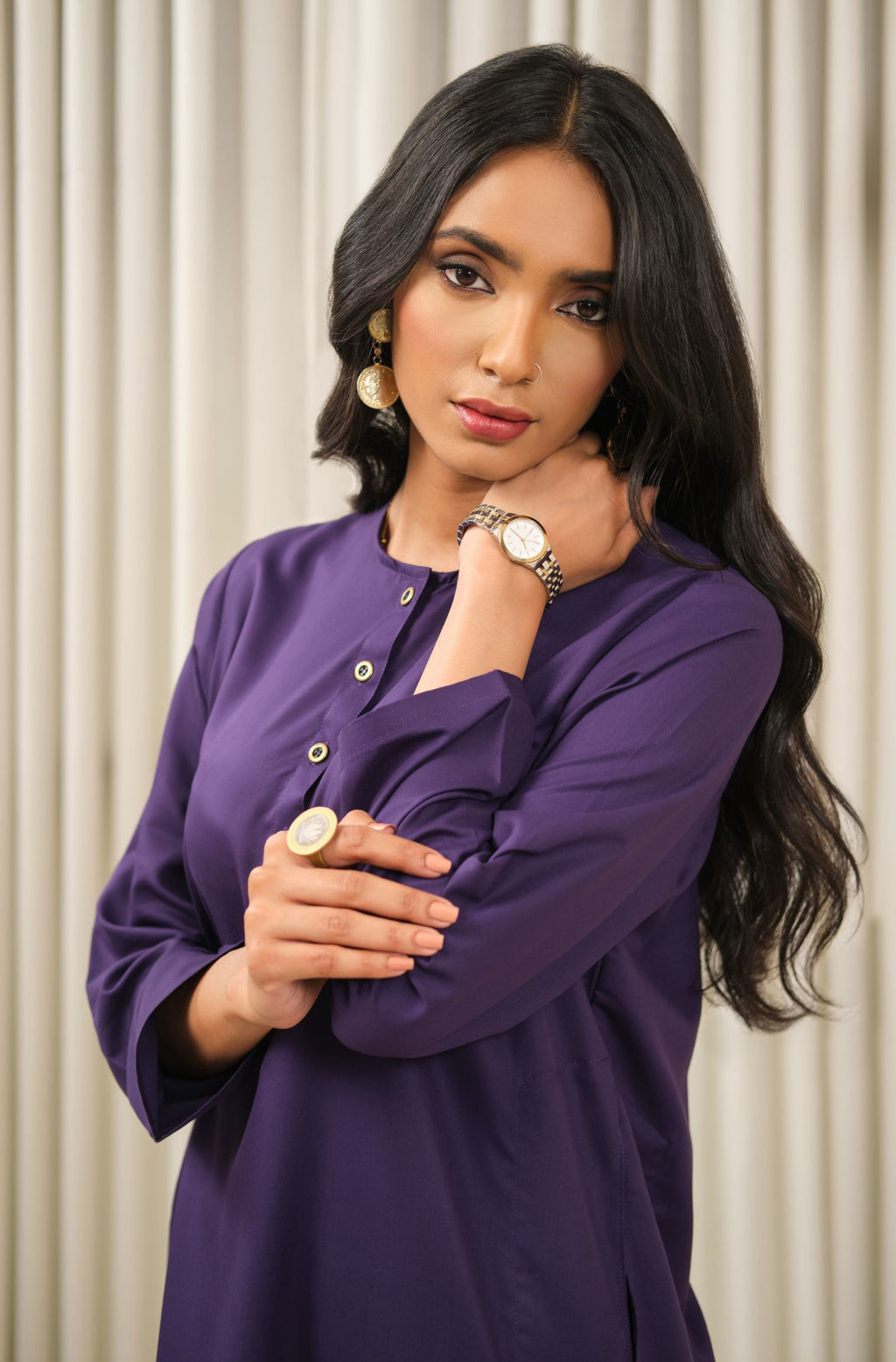 Manto Women's Deep Purple 2-Piece Lucknow Style Collar Solid Co-Ord Set