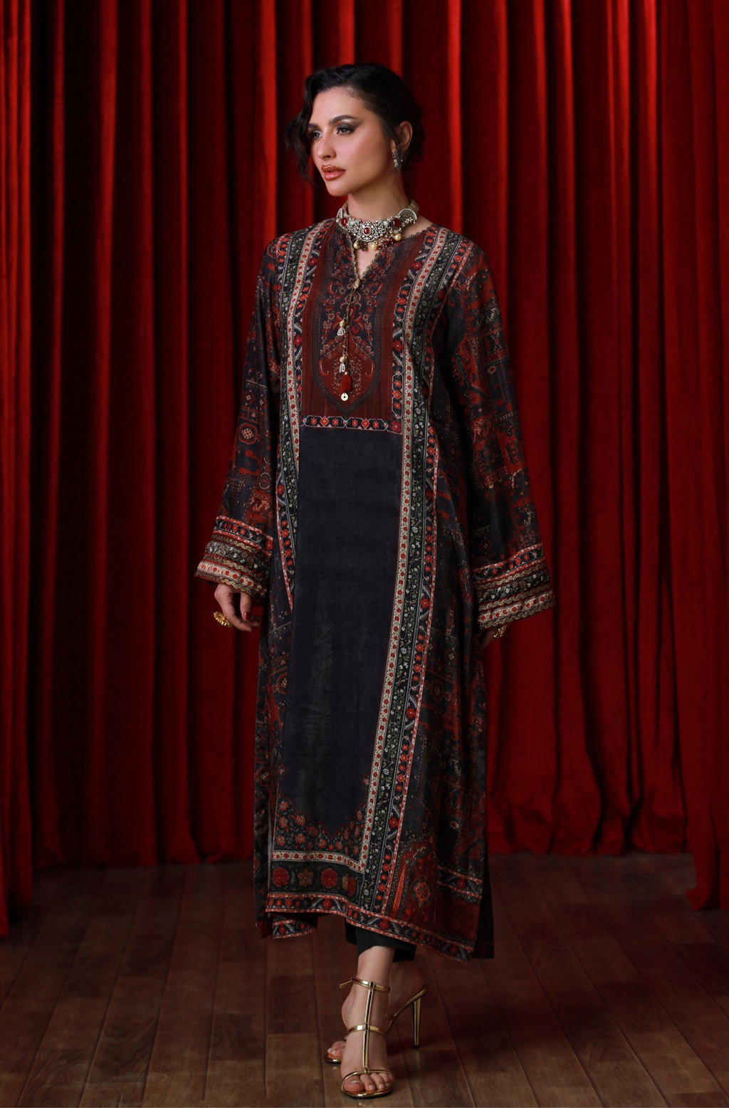 Manto Women's Stitched 1 piece Velvet Long Shirt featuring calligraphy of beautiful Urdu Words
