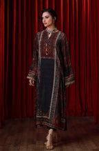 Manto Women's Stitched 1 piece Velvet Long Shirt featuring calligraphy of beautiful Urdu Words