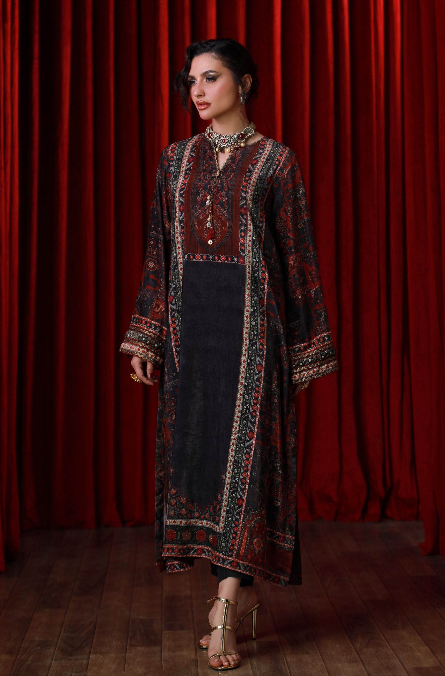 Manto Women's Stitched 1 piece Velvet Long Shirt featuring calligraphy of beautiful Urdu Words