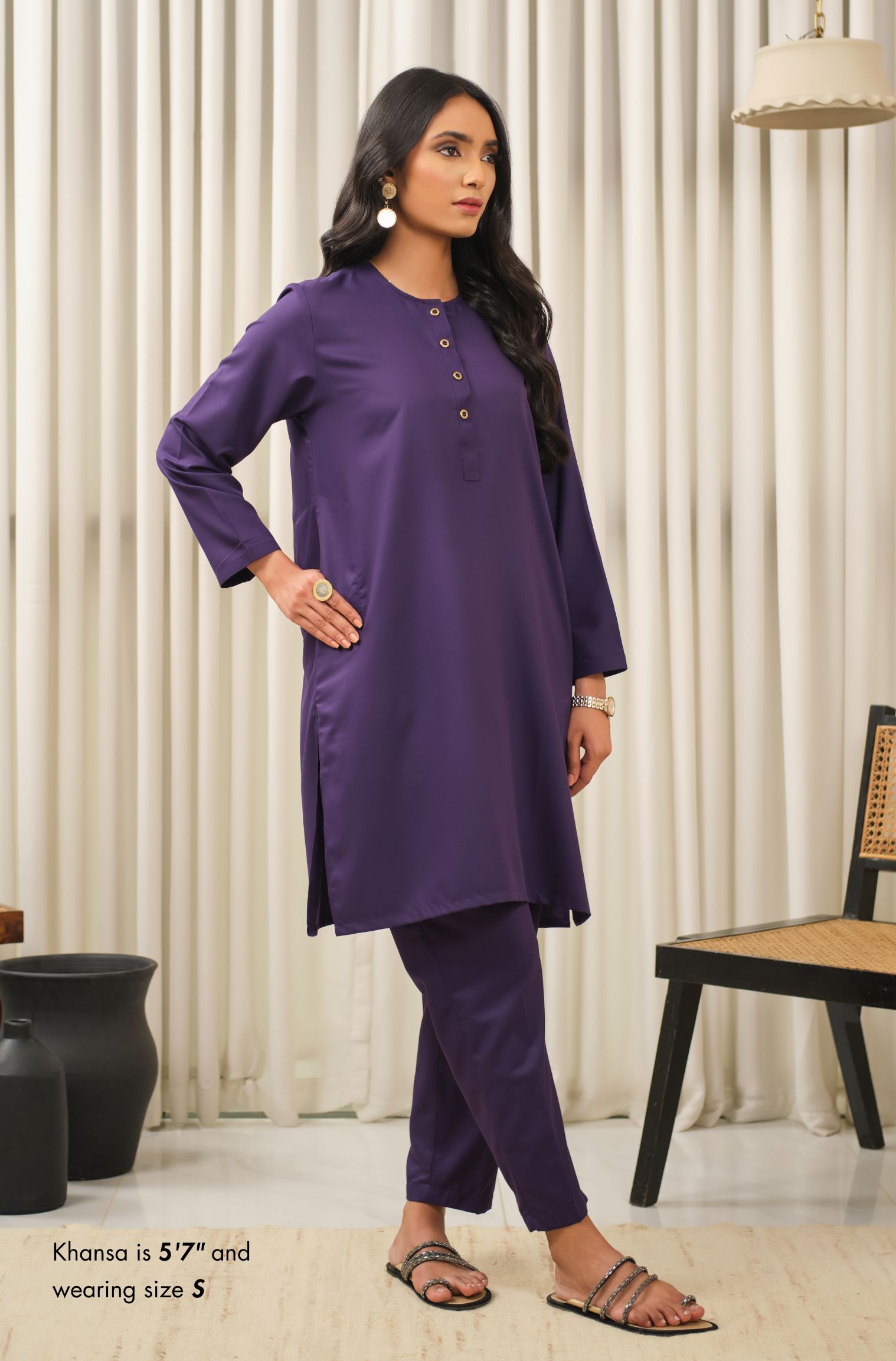 Manto Women's Deep Purple 2-Piece Lucknow Style Collar Solid Co-Ord Set
