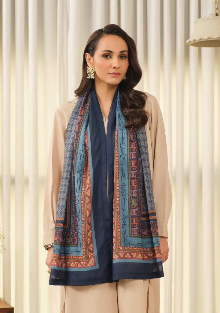 Manto Women's Hijab Friendly Printed Blue Scarf with Urdu Calligraphy