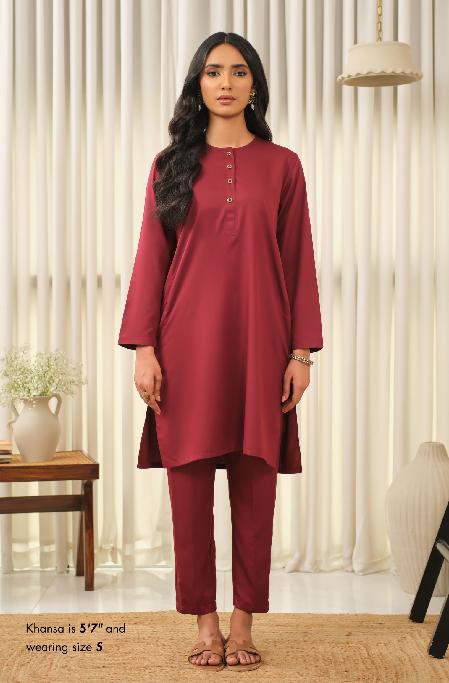 Manto Women's Ruby Red 2 Piece Solid Co-ord Set with Lucknow Style Collar