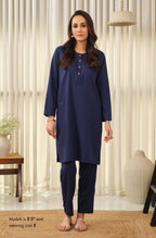 Manto Women's Midnight Blue 2-Piece Lucknow Style Collar Solid Co-Ord Set