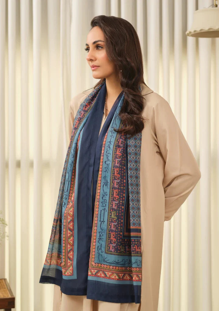 Manto Women's Hijab Friendly Printed Blue Scarf with Urdu Calligraphy