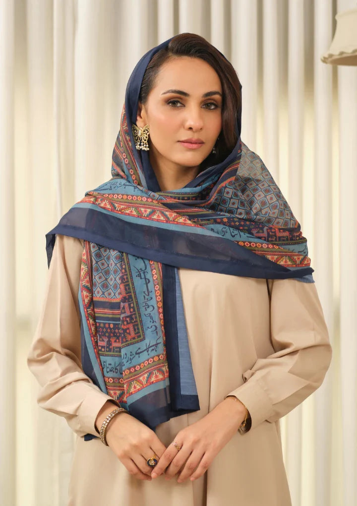 Manto Women's Hijab Friendly Printed Blue Scarf with Urdu Calligraphy