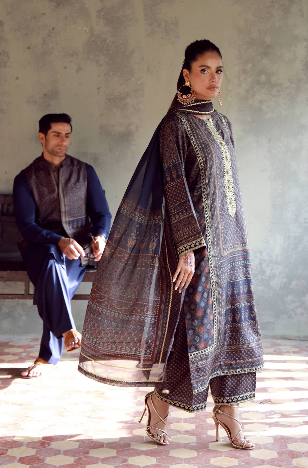 Manto Women's 3 Piece Raw Silk Blue Afreen Set with Zari Handwork and Urdu Calligraphy