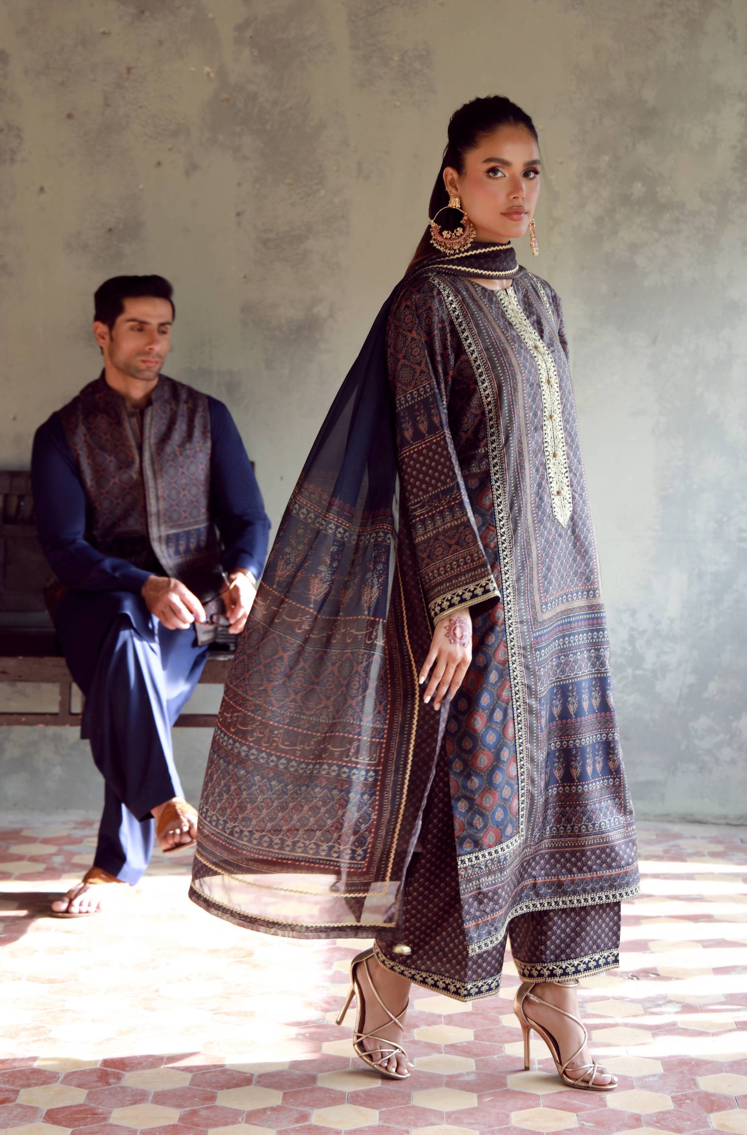 Manto Women's 3 Piece Raw Silk Blue Afreen Set with Zari Handwork and Urdu Calligraphy