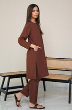 Shopmanto, wear manto, manto clothing brand, manto pakistan, ladies clothing brand, urdu calligraphy clothing, OG wearmanto women's collection wash n wear lucknow style 2 piece solid cocoa brown colour kurta and pajama, women 2 piece solid coord set