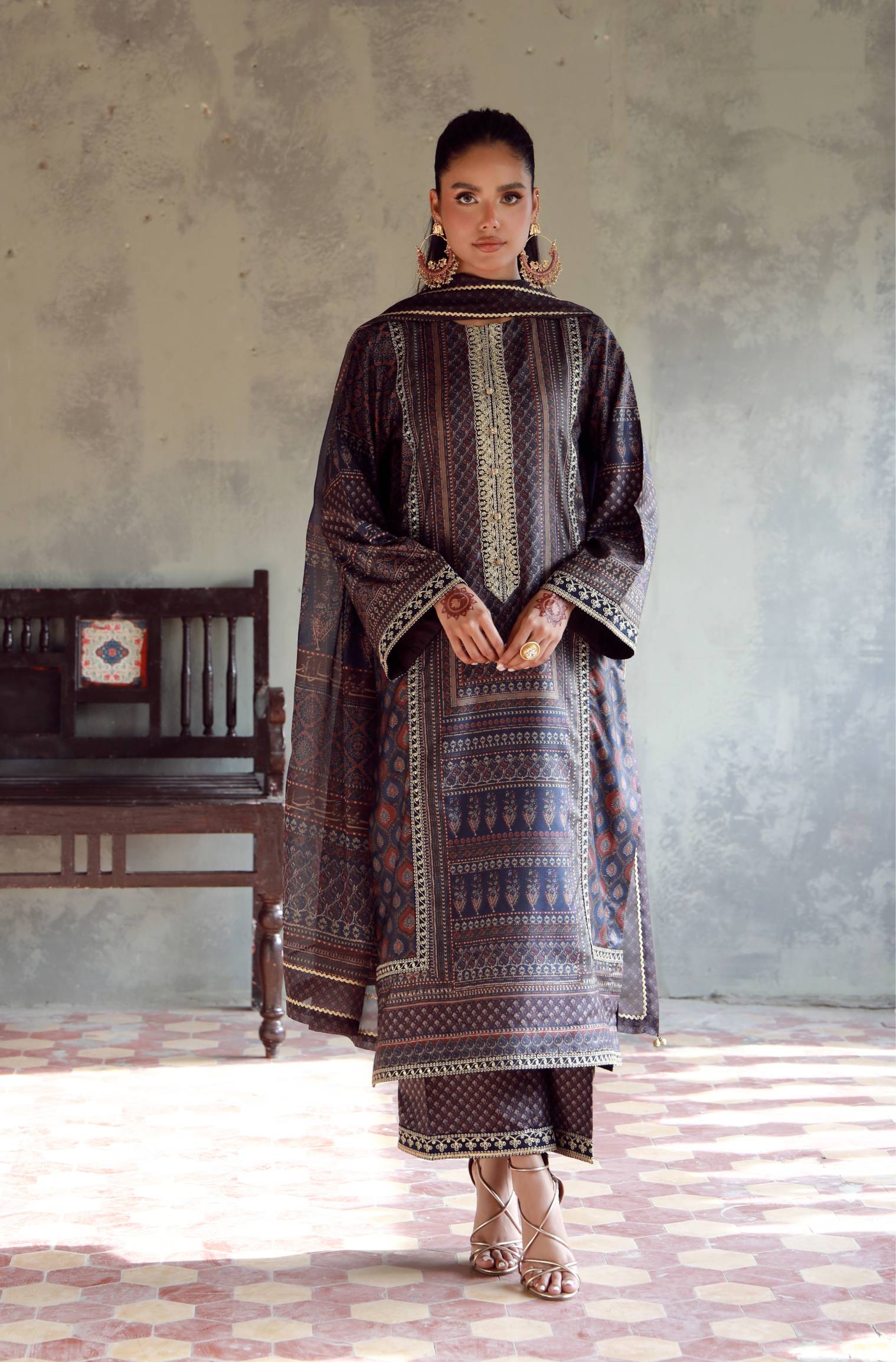 Manto Women's 3 Piece Raw Silk Blue Afreen Set with Zari Handwork and Urdu Calligraphy