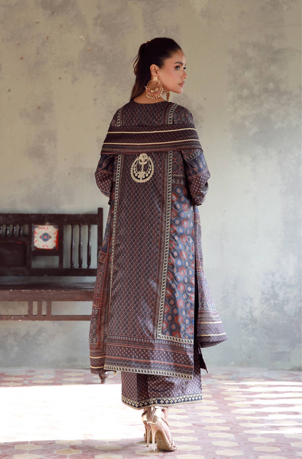 Manto Women's 3 Piece Raw Silk Blue Afreen Set with Zari Handwork and Urdu Calligraphy