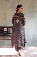 Manto Women's 3 Piece Raw Silk Blue Afreen Set with Zari Handwork and Urdu Calligraphy