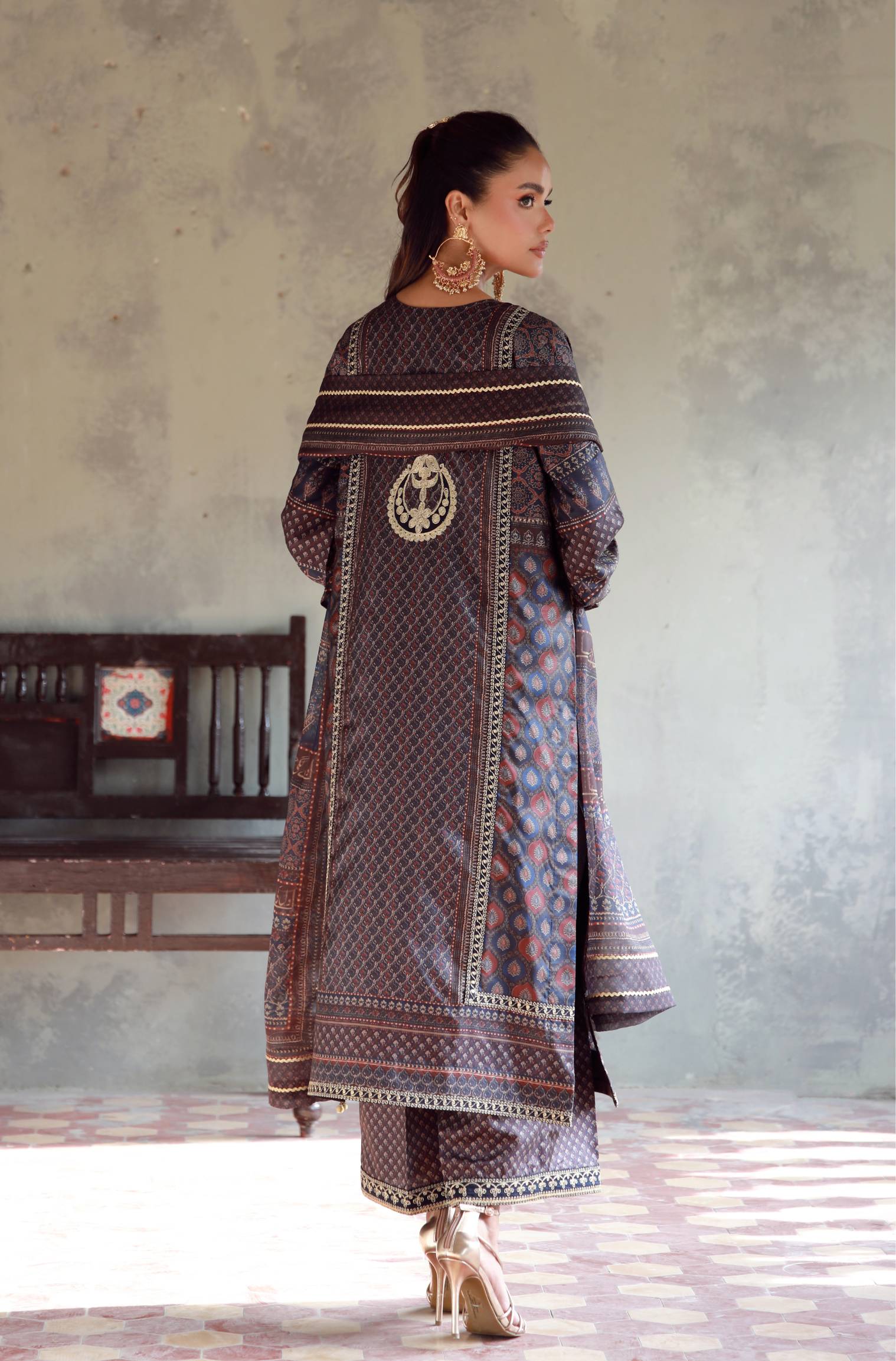 Manto Women's 3 Piece Raw Silk Blue Afreen Set with Zari Handwork and Urdu Calligraphy