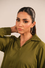 Manto Women's Olive Green 2 Piece Solid Co-Ord Set with Victorian Style Collar