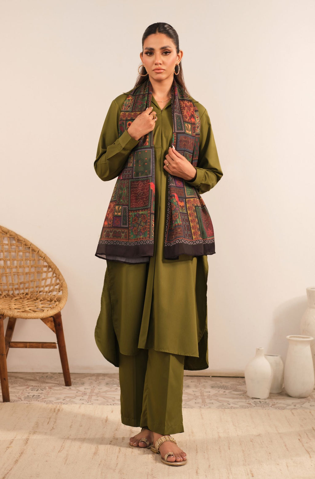 Manto Women's Olive Green 2 Piece Solid Co-Ord Set with Victorian Style Collar