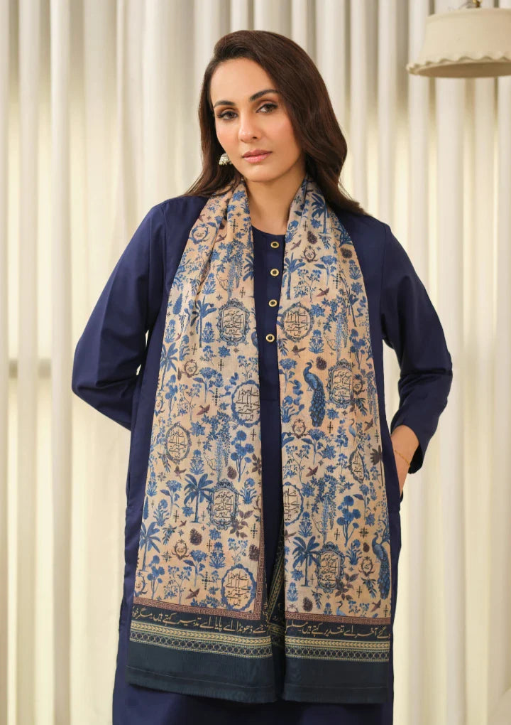 Manto Women's Blue Hijab Friendly Printed Scarf with Urdu Calligraphy