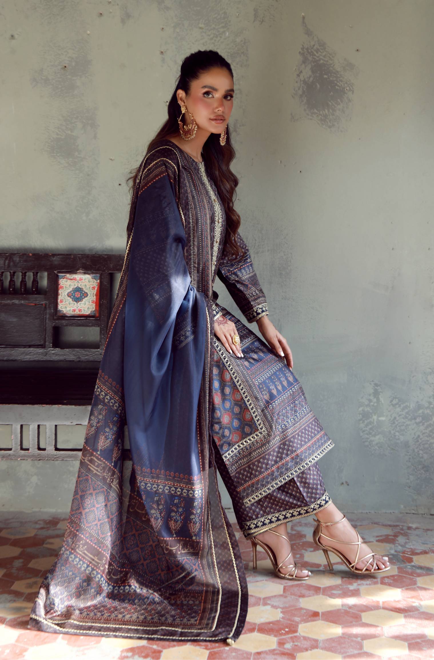 Manto Women's 3 Piece Raw Silk Blue Afreen Set with Zari Handwork and Urdu Calligraphy