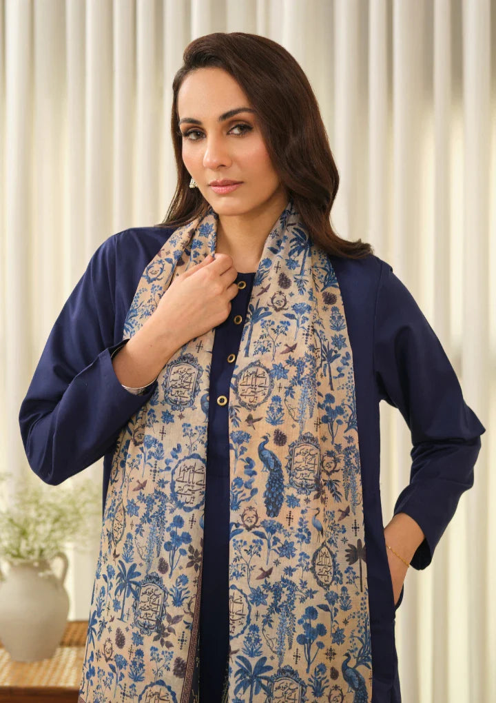 Manto Women's Blue Hijab Friendly Printed Scarf with Urdu Calligraphy